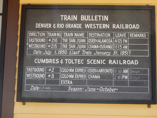 GDMBR: Train Schedules for the two train companies that operate here, the Denver and Rio Grande Western Railroad and the Cumbres and Toltec Scenic Railroad.